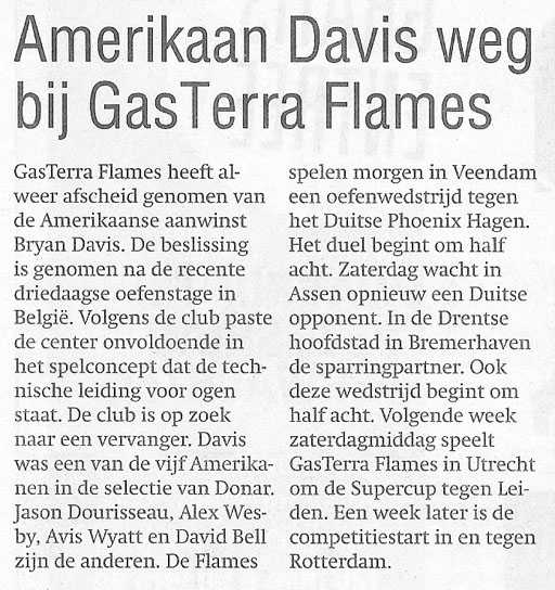 Amerikaan Davis weg bij GasTerra Flames