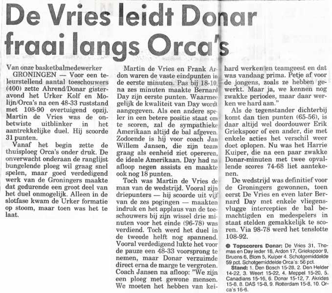 Martin de Vries leidt Donar fraai langs Orca\'s
