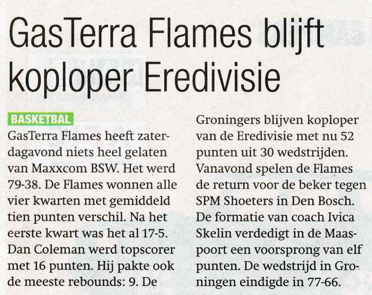 GasTerra Flames blijft koploper Eredivisie