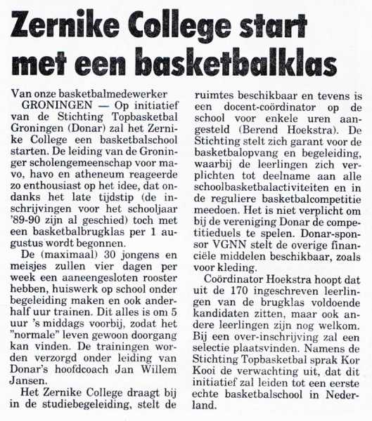 Zernike College start met een basketbalklas