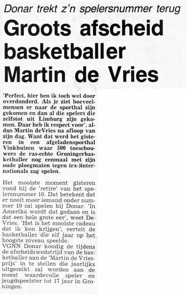 Groots afscheid basketballer Martin de Vries